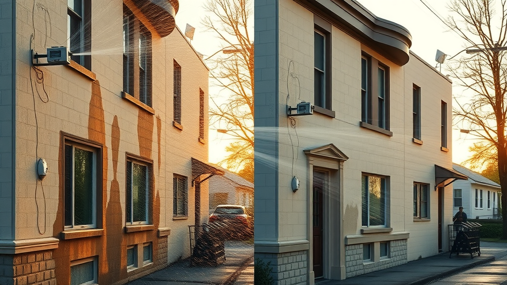 side-by-side comparison of a dirty vs. clean building after pressure washing services in Springfield, OR, clear curb appeal upgrade