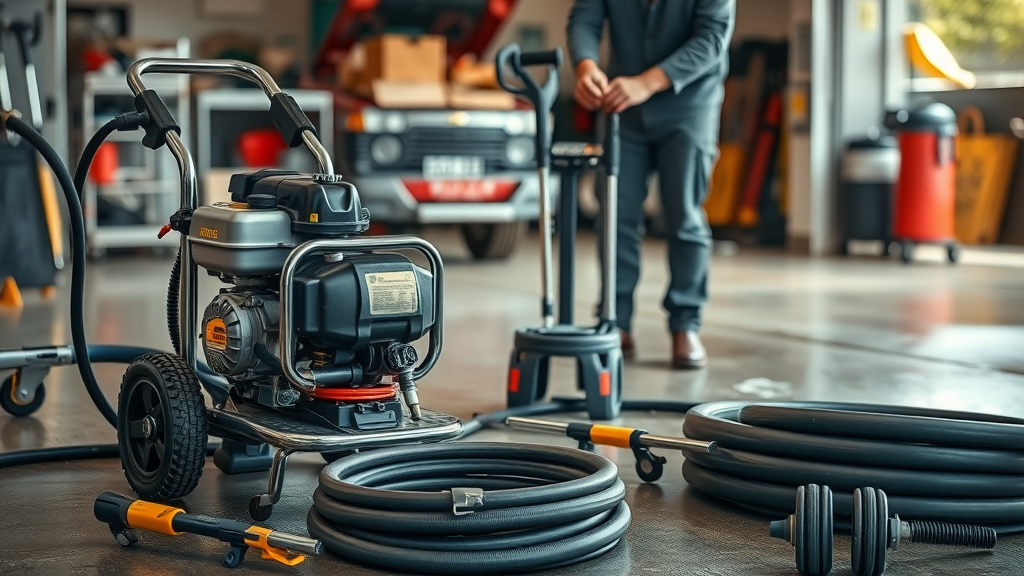 pressure washing service technician in Springfield OR, professional pressure washing equipment and safety gear in garage
