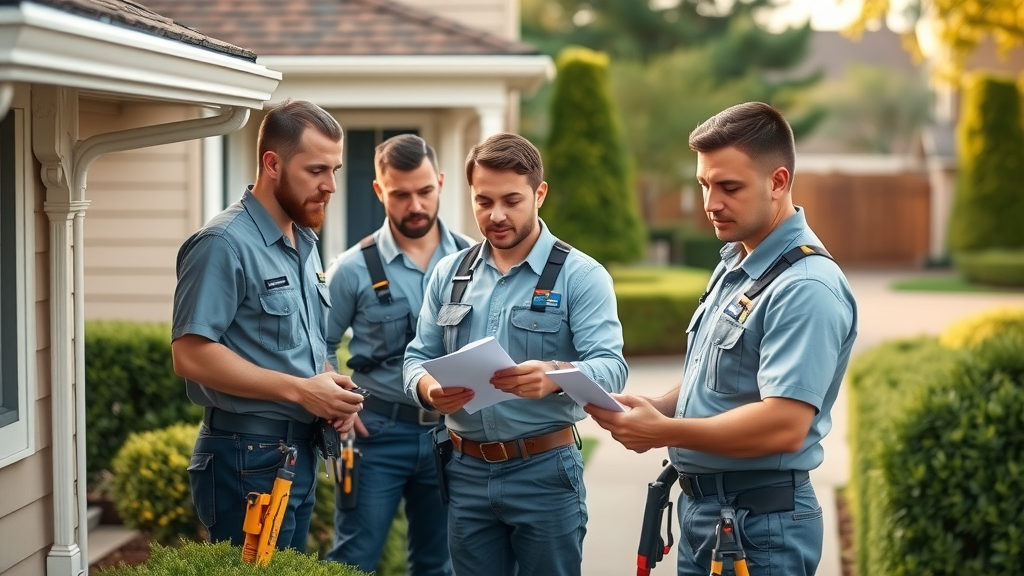 Organized property maintenance team springfield oregon conducting exterior inspection with checklist well-trimmed landscaping