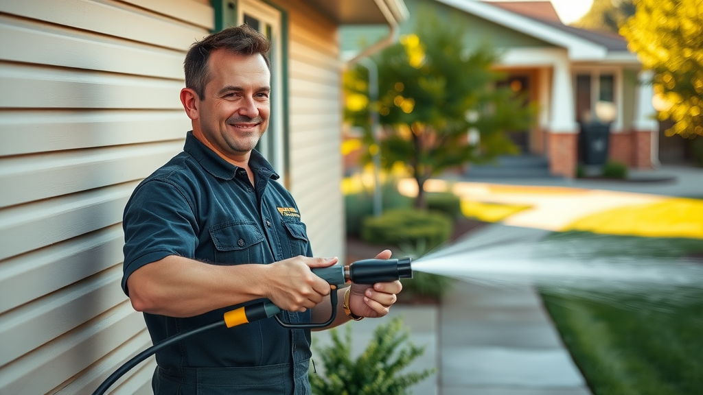 Skilled property maintenance technician Springfield Oregon pressure washing house exterior with lush landscaping