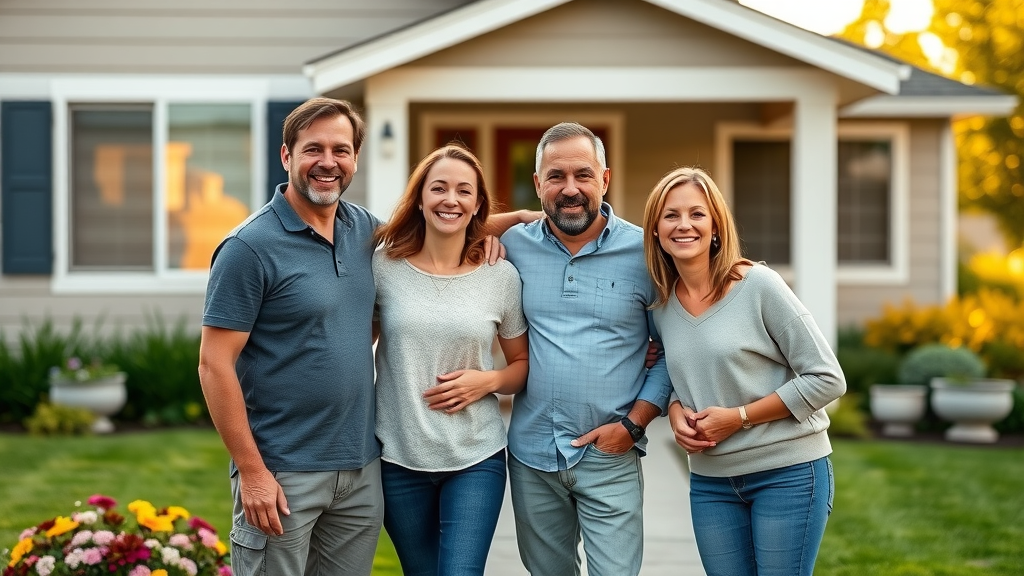 Happy tenants Springfield Oregon standing outside attractive rental home with lush landscaping
