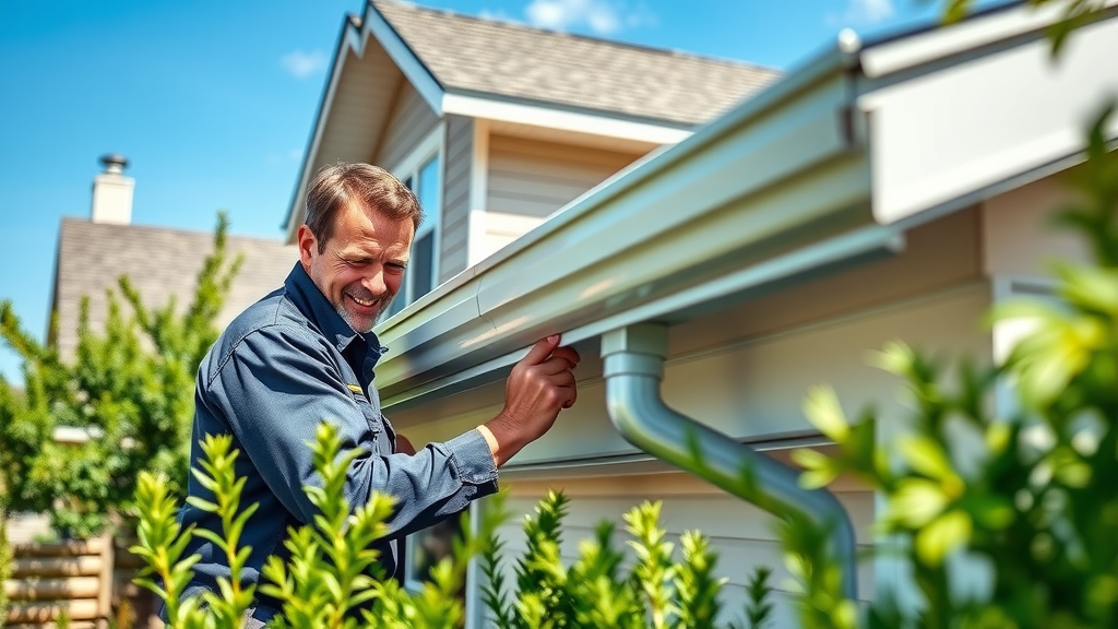 Professional gutter cleaning service: technician inspecting clean gutters in Springfield Oregon