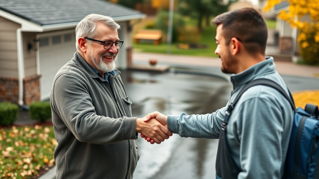 Homeowner and gutter cleaning professional shake hands after successful pro gutter cleaning service in Springfield Oregon