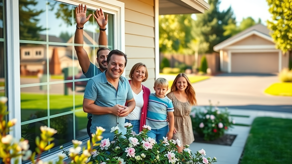Bright suburban Springfield, OR home exterior with sparkling clean windows, cheerful family looking out onto sunlit lawn, vivid colors, window cleaning in Springfield
