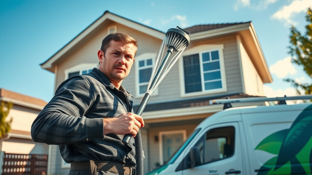 Modern window cleaner using advanced water-fed pole system on Springfield, OR house, eco-friendly equipment, streak-free window cleaning in Springfield