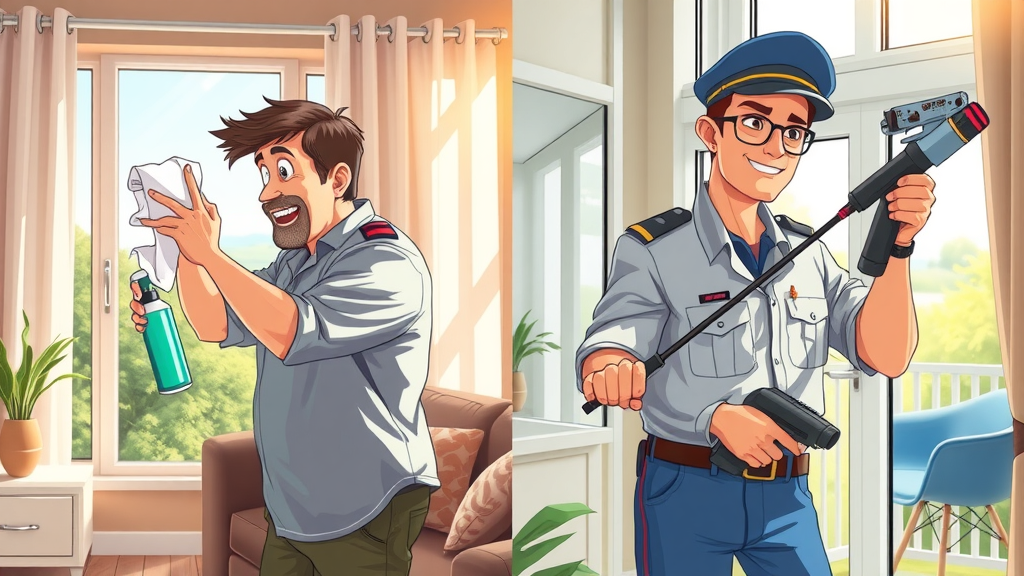 Comparison DIY homeowner vs. professional window cleaner in Springfield, OR, modern tools, clear result, window cleaning service side by side