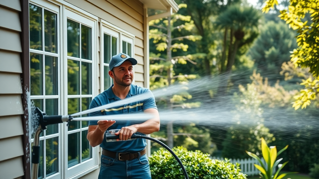 Professional crew power washing home siding and cleaning gutters in Springfield, OR, vibrant garden, exterior cleaning services
