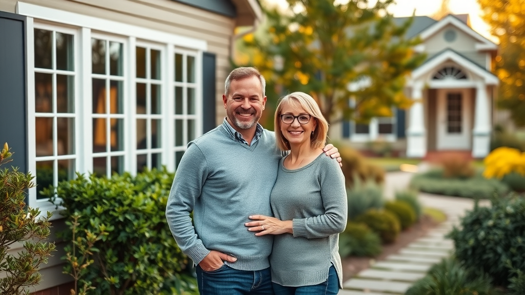 Happy Springfield, OR couple standing by freshly cleaned windows, garden and autumn colors, satisfied window cleaning customer reviews