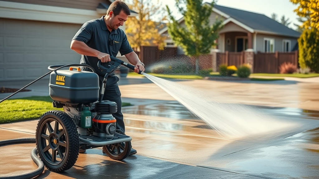 pressure washing in veneta oregon professional technician cleaning driveway in suburban neighborhood