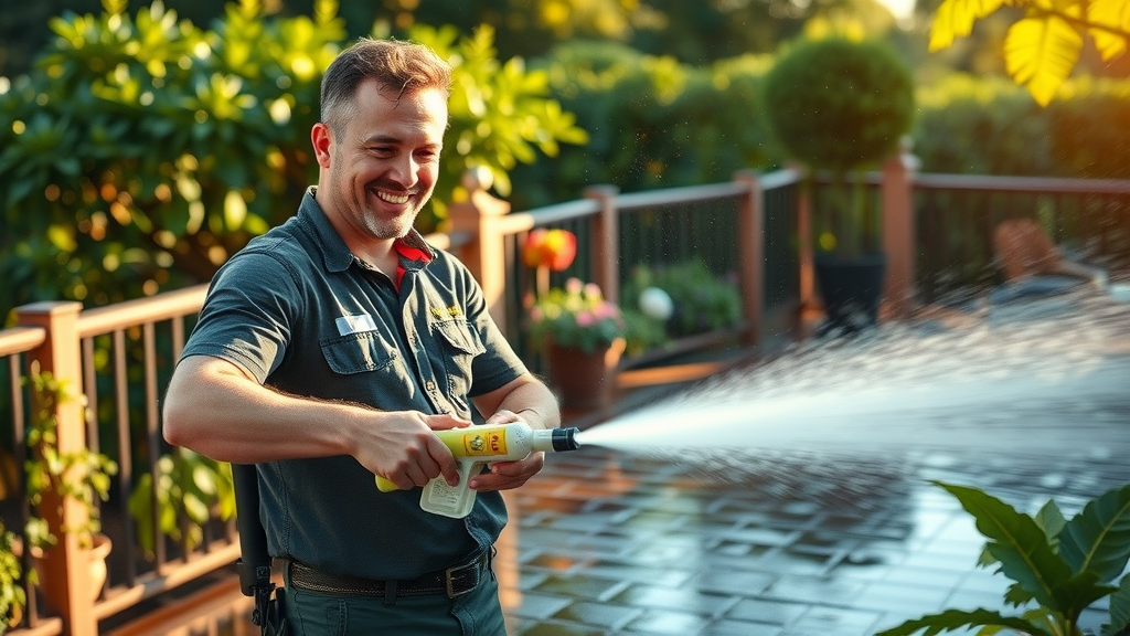 eco-friendly pressure washing in veneta oregon technician using biodegradable solution rinsing outdoor deck