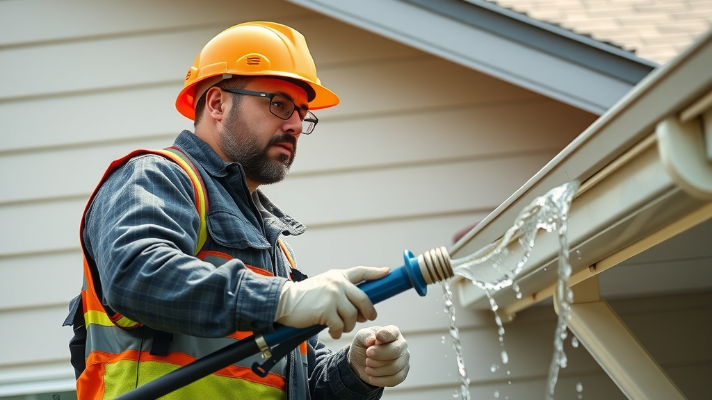 Professional using ladder and equipment to clean gutters on suburban Oregon home, water flowing from downspout, safety gear, photorealistic, thorough gutter cleaning service near Veneta, OR