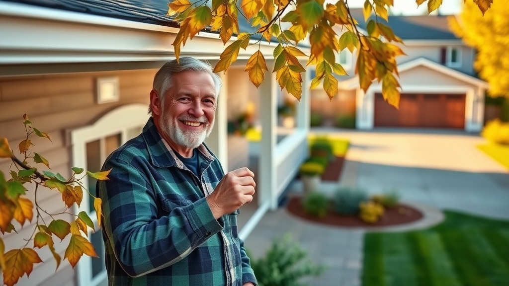 Well-maintained northwest home, proud homeowner inspecting sparkling clean gutters, clean driveway, manicured lawn, photorealistic, boost curb appeal and value with gutter cleaning near Veneta, OR