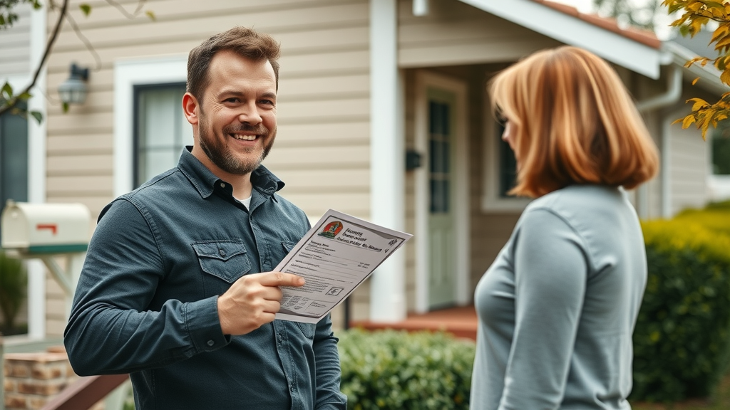 Trustworthy contractor with credentials, confident expression, interacting with homeowner in tidy Oregon house, photorealistic, gutter cleaning near Veneta, OR reviews and reputation