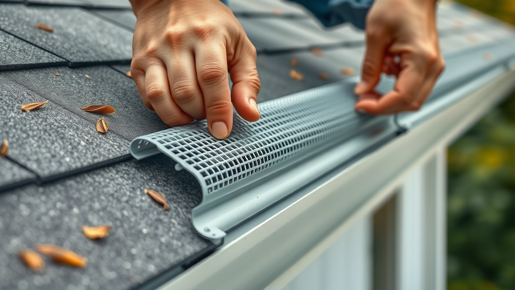 Close-up of gutter guard installation, hands attaching mesh guard, gutter texture detail, photorealistic, gutter cleaning near Veneta, OR prevention and debris protection
