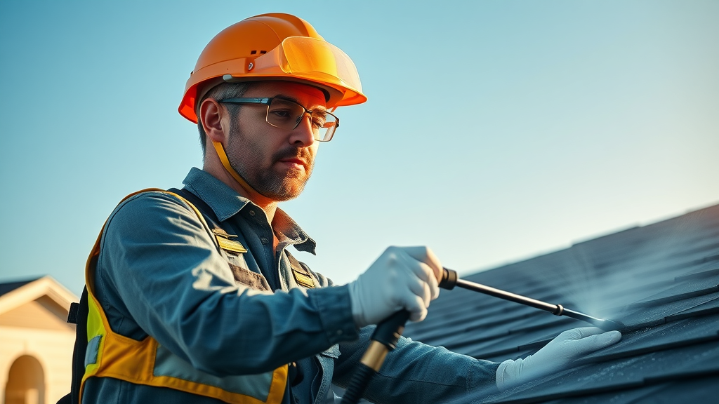roof cleaning in coburg, oregon, professional technician using eco-friendly roof clean solution
