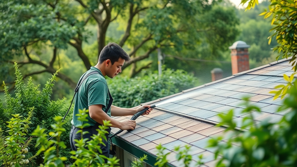 roof cleaning in coburg, oregon, eco-friendly roof cleaning equipment, lush backyard view