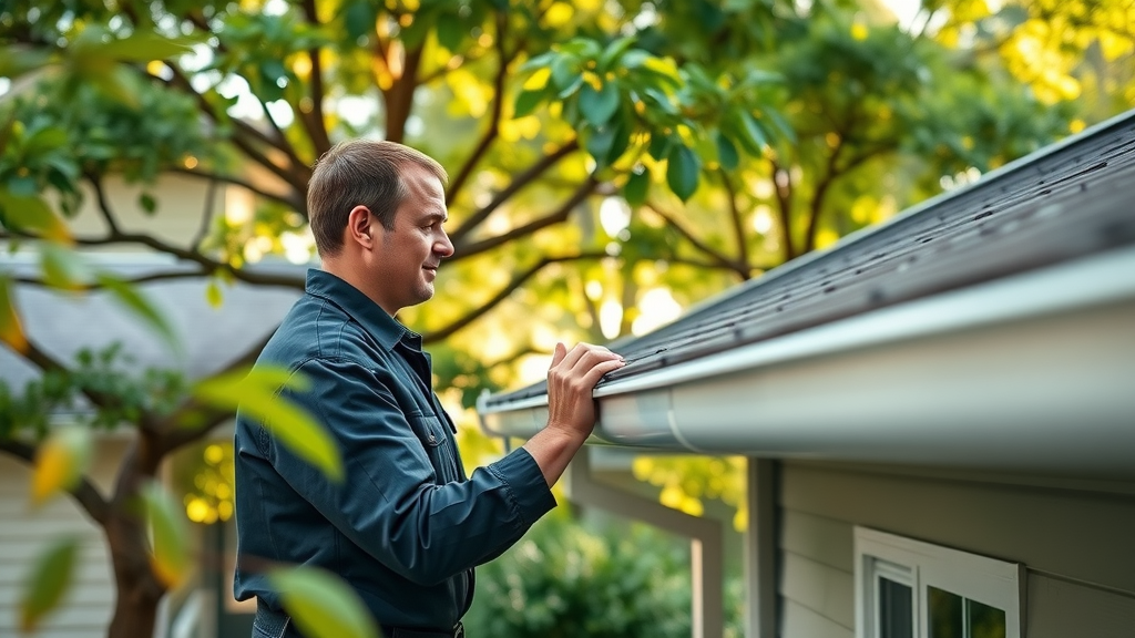 gutter cleaning in Coburg Oregon - Clean, well-maintained home exterior with technician inspecting gutters, Coburg Oregon background, morning sunlight, mature trees