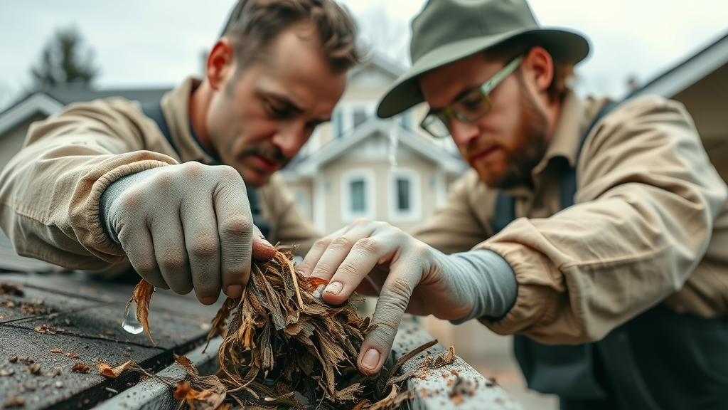 gutter cleaning in Coburg Oregon - Crew at work removing debris, clear sky, Coburg neighborhood