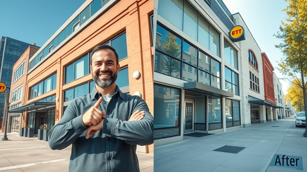 Commercial building before and after pressure washing in Springfield OR: owner points proudly at sparkling storefronts and fresh sidewalk, high detail and vibrant colors, no disfigured faces or limbs