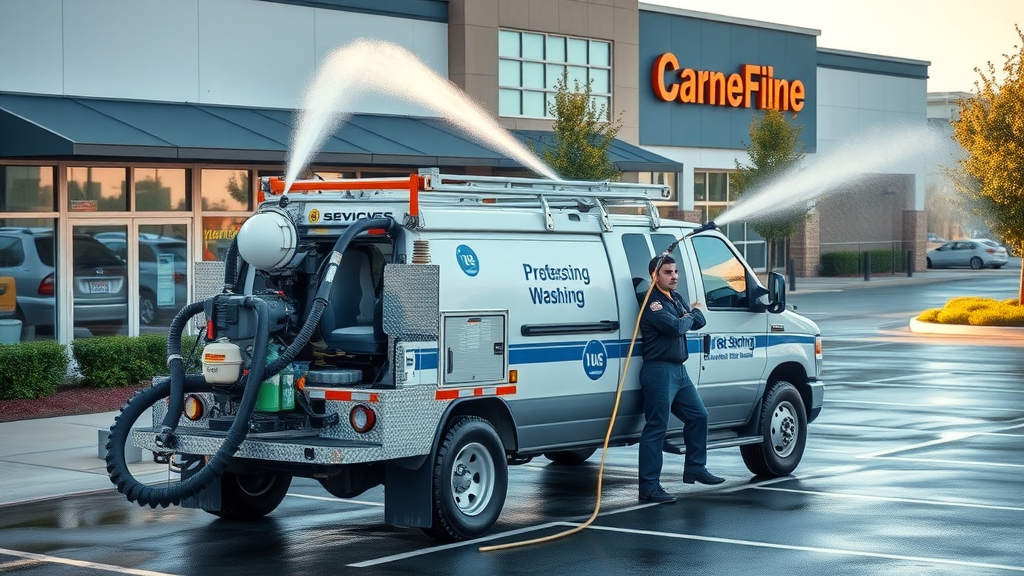 Pressure washing team in branded uniforms power washing business exterior in Springfield OR, clean parking lots, detailed equipment, natural appearance, no text or unnatural features