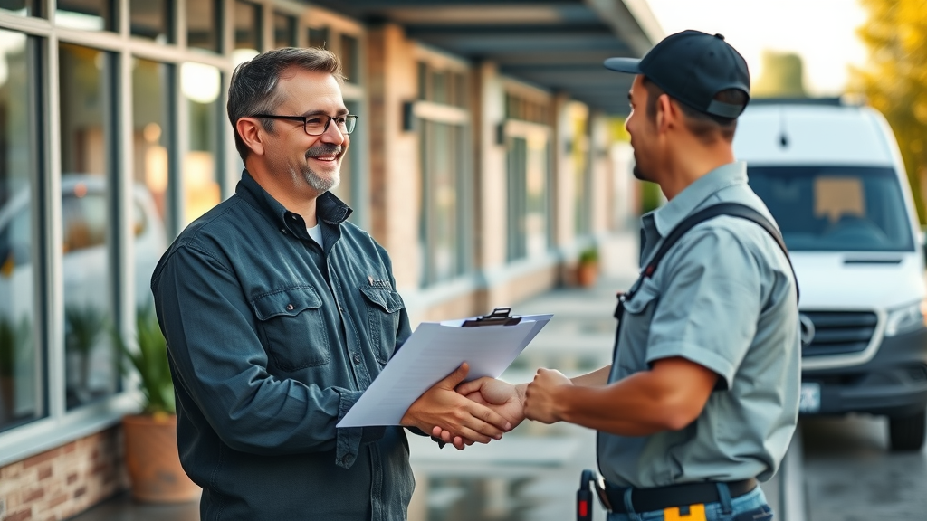 Facility manager shaking hands with pressure washing contractor in Springfield OR, clean walkway, company van, natural expressions and harmonious colors, no unnatural or disfigured features