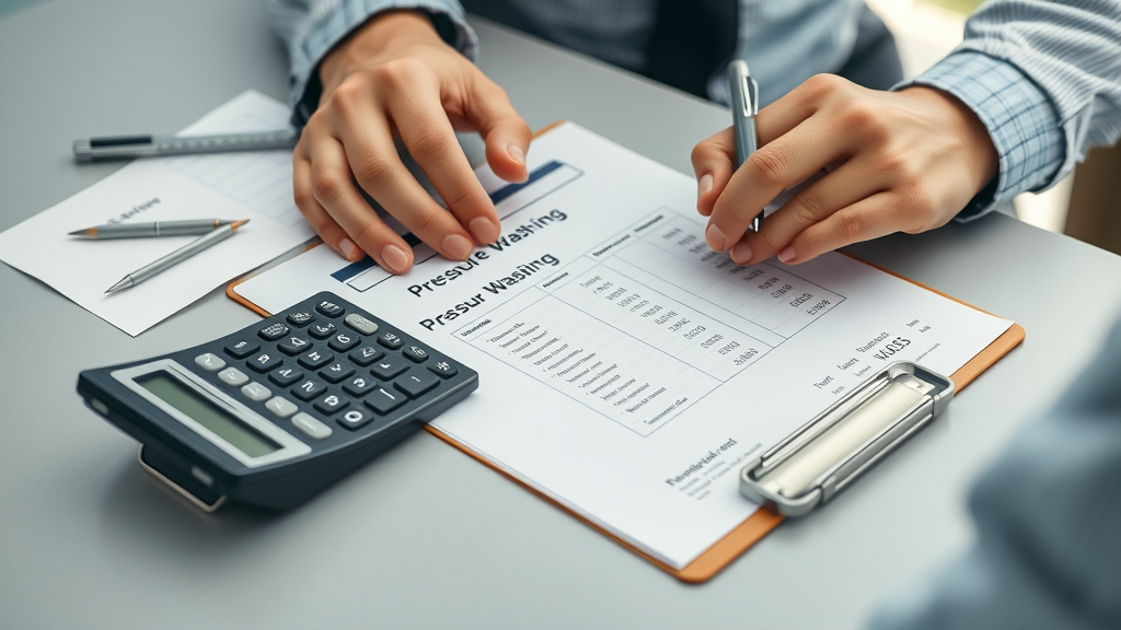 Close-up calculator, clipboard with estimate form and pro calculating pressure washing costs in Springfield OR, natural hands and detailed branded paperwork, no text or unnatural features