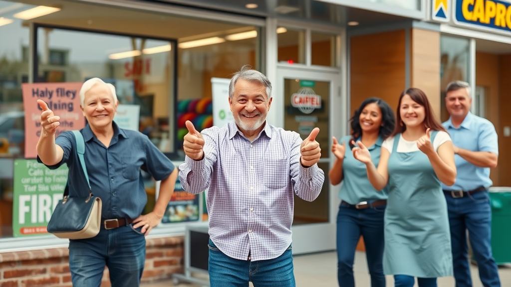 Excited business owner and staff celebrate fresh exterior, clean windows, and sidewalk at Springfield OR storefront, lively natural scene, no disfigured features, vibrant colors