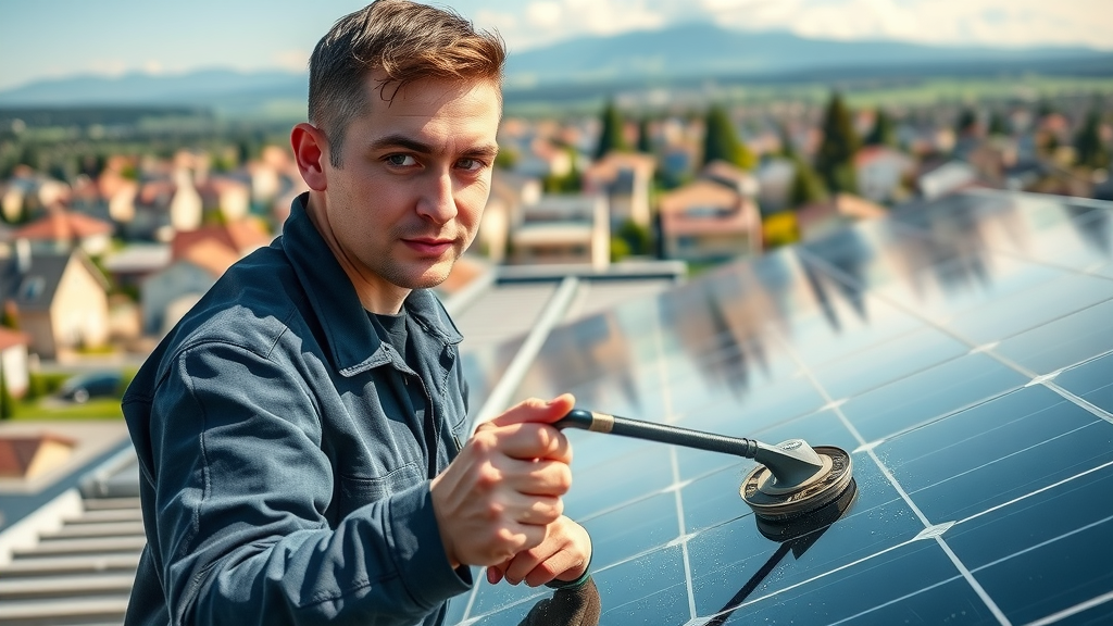 Professional solar panel cleaning technician in Springfield Oregon using specialized equipment on residential rooftop panels