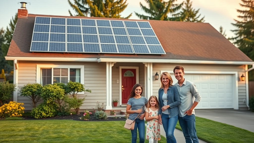 Springfield Oregon attractive home with sparkling clean solar panels, manicured lawn, and happy family in front yard
