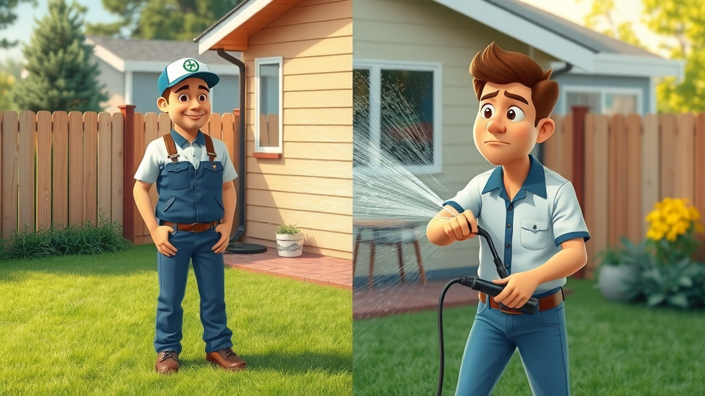 soft washing services in springfield, or professional technician vs confused homeowner trying DIY pressure wash, vibrant green backyard cartoon