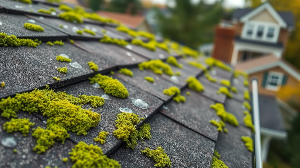 Roof cleaning service Springfield OR - Moss and lichen buildup on roof shingles