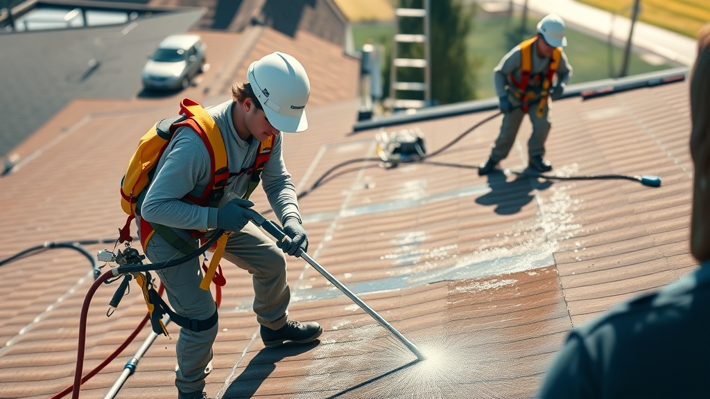 Professional roof cleaning Springfield OR - Safety equipment spray tools on steep roof