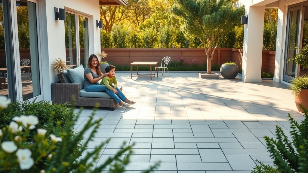 inviting modern residential patio clean and pristine sunlight reflecting on freshly washed pavers patio cleaning near me in springfield oregon happy family outdoors lush landscaping crisp natural morning light