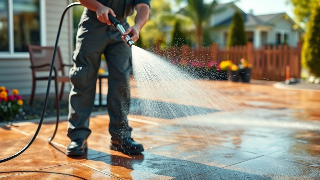 dynamic action shot professional patio cleaning in progress pressure washing service in springfield oregon technician using power washing equipment droplets sparkling vibrant natural colors residential background sunlight telephoto lens