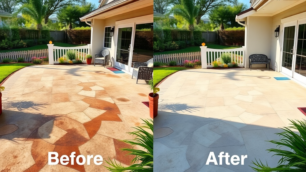 split-screen before and after residential patio transformation left side dirty and stained right side sparkling clean patio cleaning near me in springfield oregon dramatic improvement detailed landscaping wide angle shot