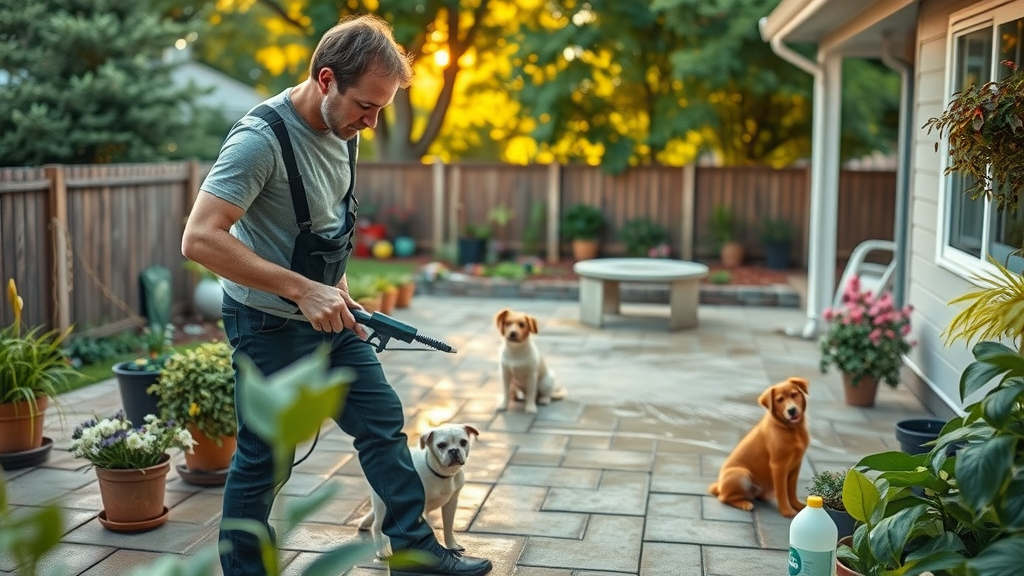 eco-friendly patio washing technician spraying biodegradable cleaning solution pressure washing service springfield oregon pets and plants in background vibrant natural colors