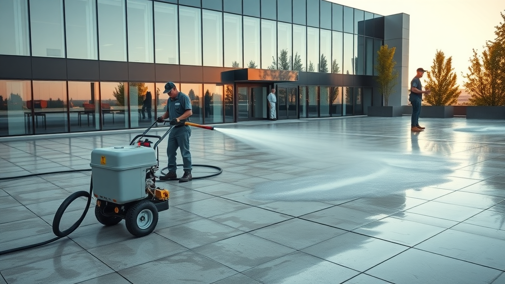 large commercial property exterior cleaning crew industrial power washing modern office building commercial pressure washing springfield oregon spacious patio teamwork clean lines late afternoon light