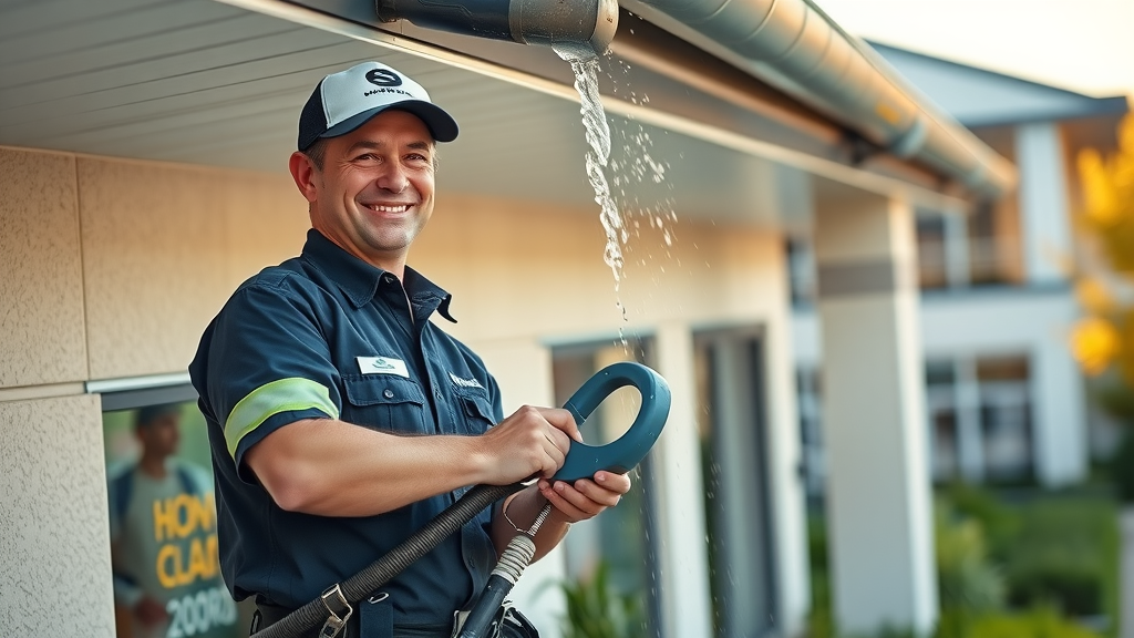 Technician performing commercial gutter cleaning service with water spray, clean landscaping, commercial gutter cleaning in Springfield Oregon