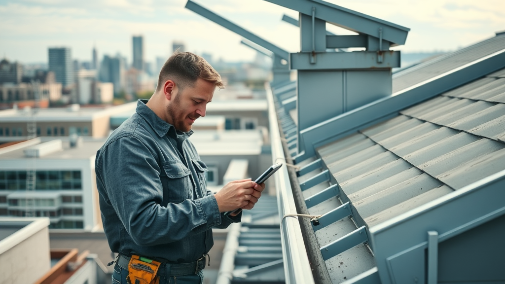 Technician performing inspection of large commercial gutter system on Springfield Oregon office building, commercial gutter cleaning in Springfield Oregon