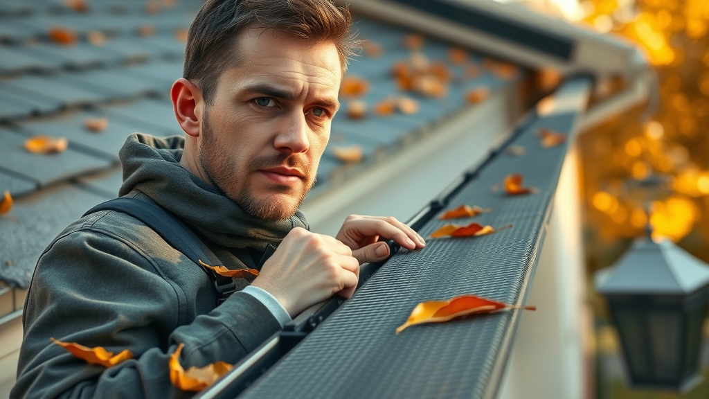 Technician installing gutter guard on commercial building, autumn detail, commercial gutter cleaning in Springfield Oregon