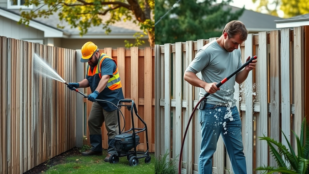 Professional and DIY fence cleaning compared in Springfield, OR neighborhood with water and soapy foam.