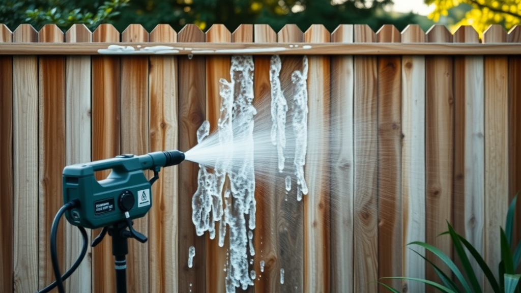 Soft wash solution spraying on a wooden fence in Springfield, OR showing dirty and clean surface zones with foam and water.