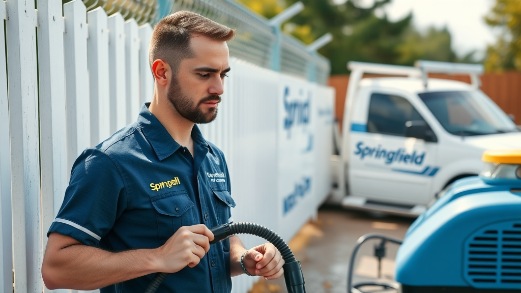 Professional Springfield cleaning team member inspecting clean fence and equipment with vehicle in the background.