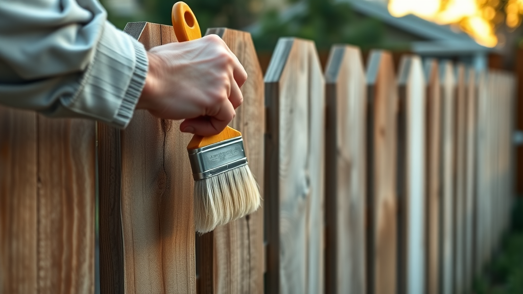 Homeowner applying clear sealant to cleaned wooden fence in Springfield, OR backyard using a brush with garden in background.