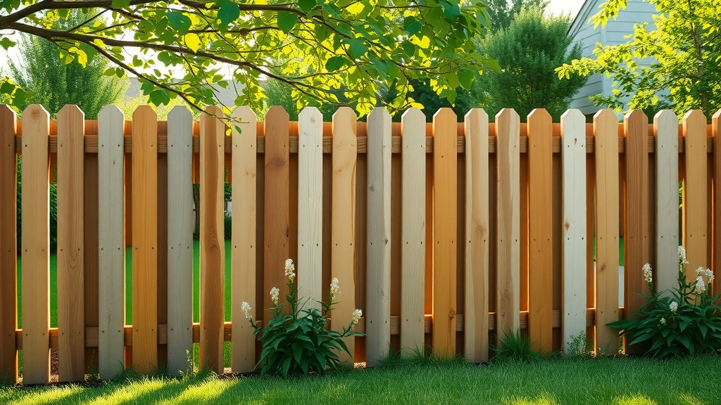 Fence cleaning in Veneta, OR - vivid clean wooden backyard fence, lush greenery, fresh appearance, sunlight gleaming, photorealistic and lifelike, suburban setting