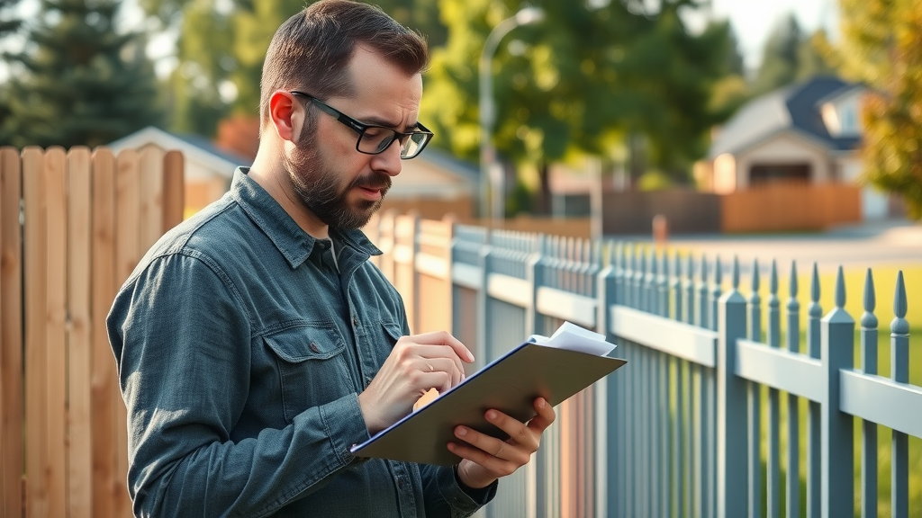 Fence cleaning service in Veneta, OR - professional examining different fence types, clipboard, detailed residential background
