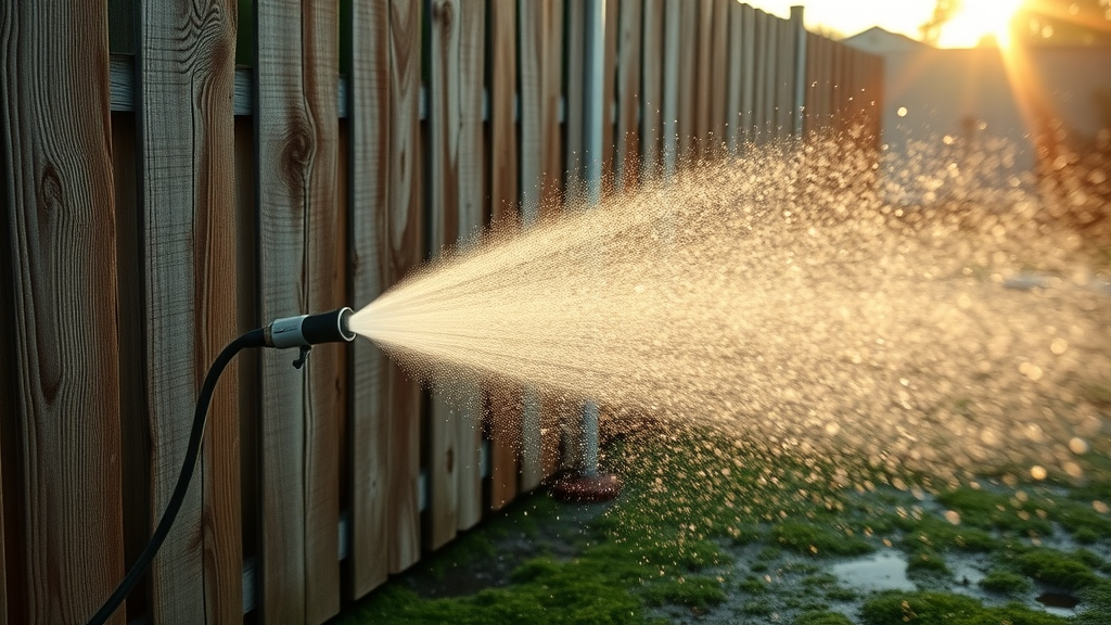 Pressure washing fence in Veneta, OR - action shot, detailed water droplets, energetic cleaning, moss removal, backyard setting