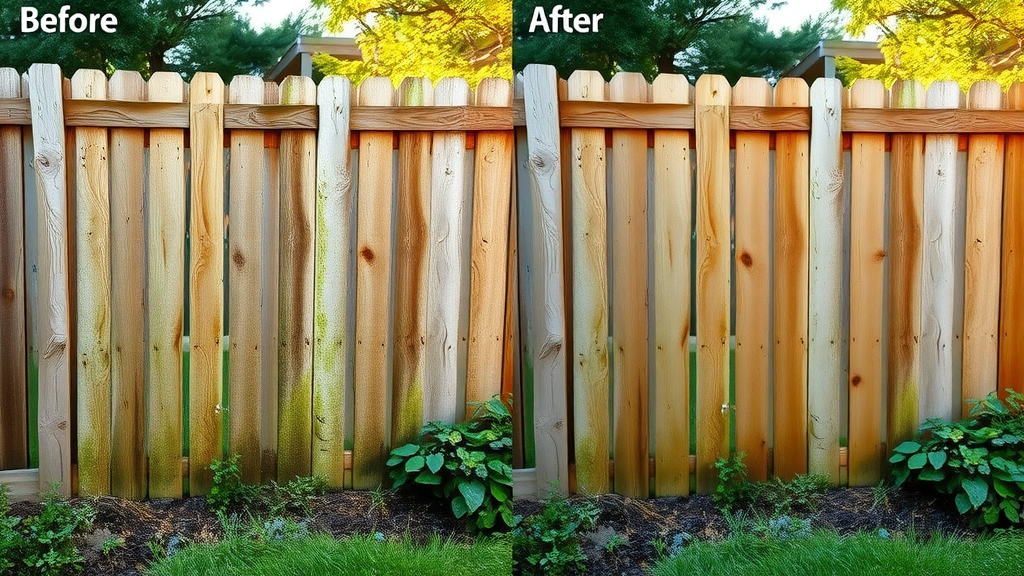 Before and after fence cleaning in Veneta, OR - left weathered, right pristine, backyard garden, photorealistic detail
