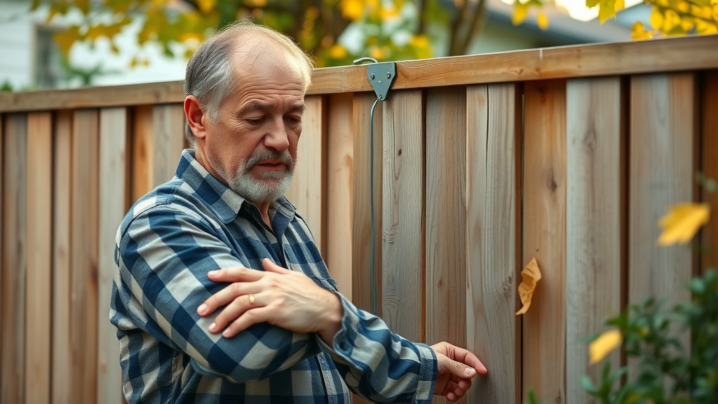 Homeowner fence maintenance Veneta, OR - examining wooden fence for mold, autumn leaves, detailed backyard