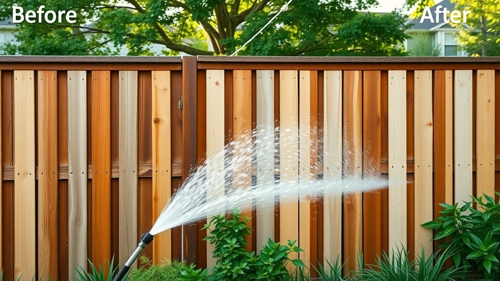 before and after professional fence cleaning in Coburg Oregon, pressure washing transformation, neat backyard, lush greenery, photorealistic